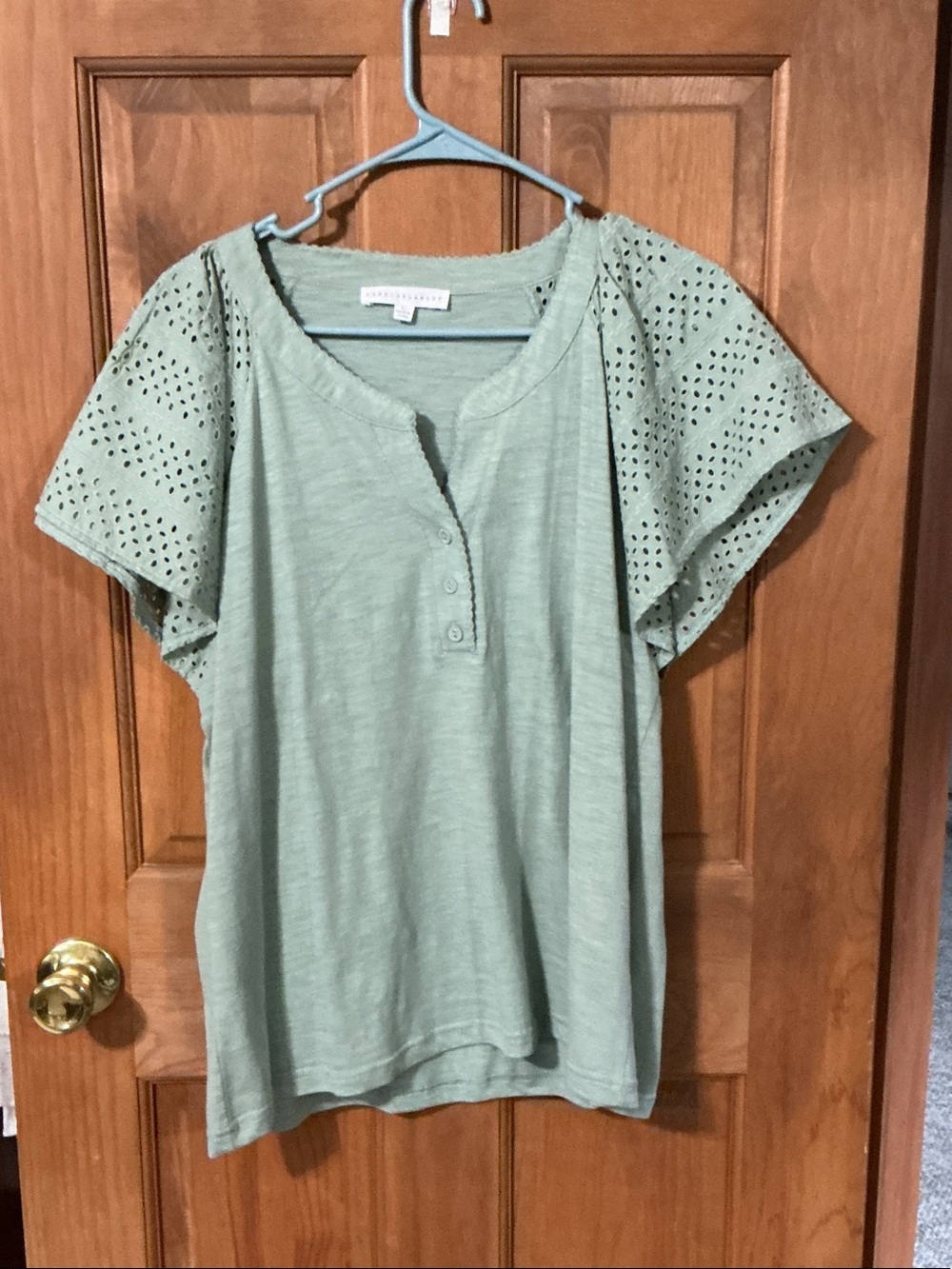 Jane and Delancey Sage Green Eyelet Sleeve Henley Tee